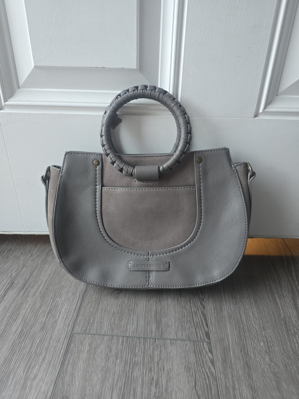 Lucky Brand Grey Leather Satchel Crossbody Bag Woven Ring Handles